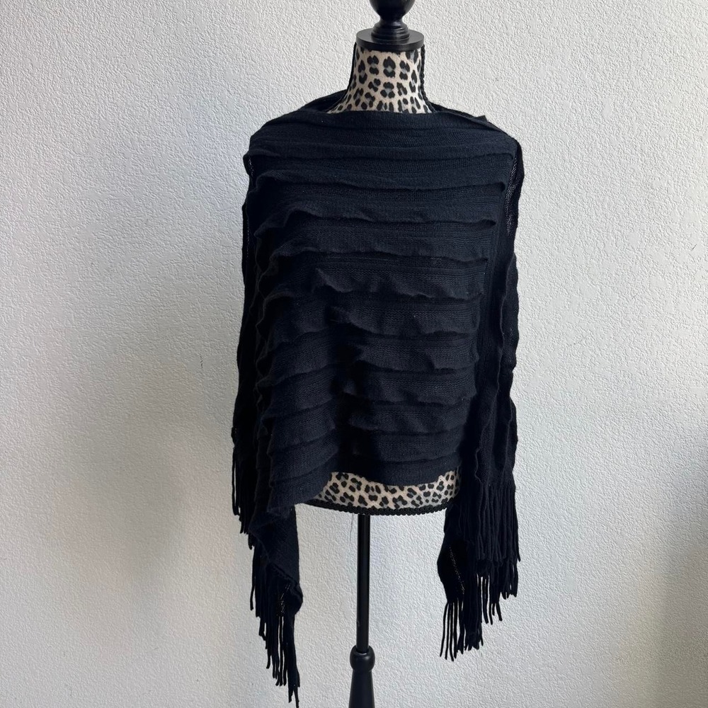 Max Edition Black fringe poncho with horizontal ruching